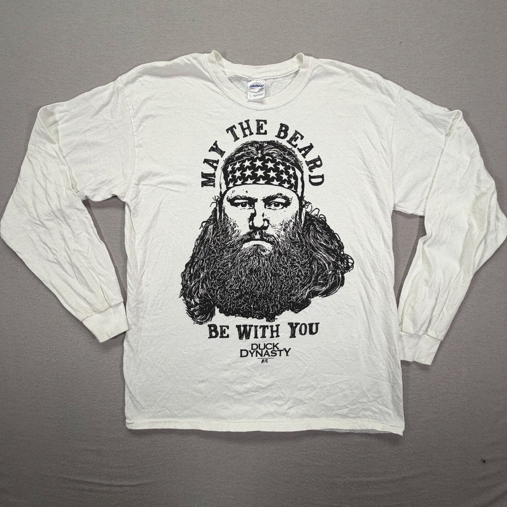 Gildan Duck Dynasty Shirt Mens L White May The Beard Be With You Long Sleeve